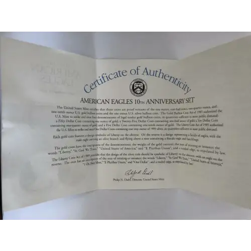 1995-W – Five Coin Set - 1/10, 1/4, 1/2, 1oz Gold, 1oz Silver Eagles   Anniversay Proof - with Original Govt Packaging (6)