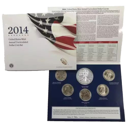 2014 Annual Uncirculated Dollar Coin Set incl W Burnished Silver Eagle - US Mint