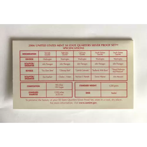 Mint Proof Set - 2006S 5 Piece Quarter Silver ($1.25 FV) - Set